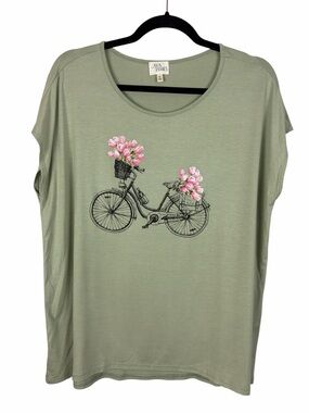 Ava James XL Sage Green Bicycle Tulip Graphic Tee Cottagecore Floral Top